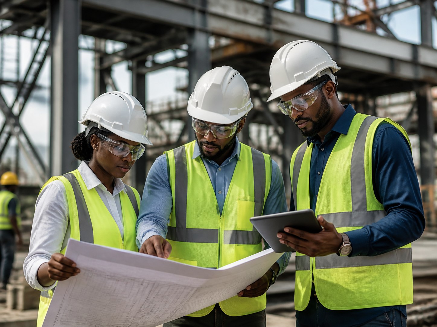 African engineers reviewing project plans at an industrial site