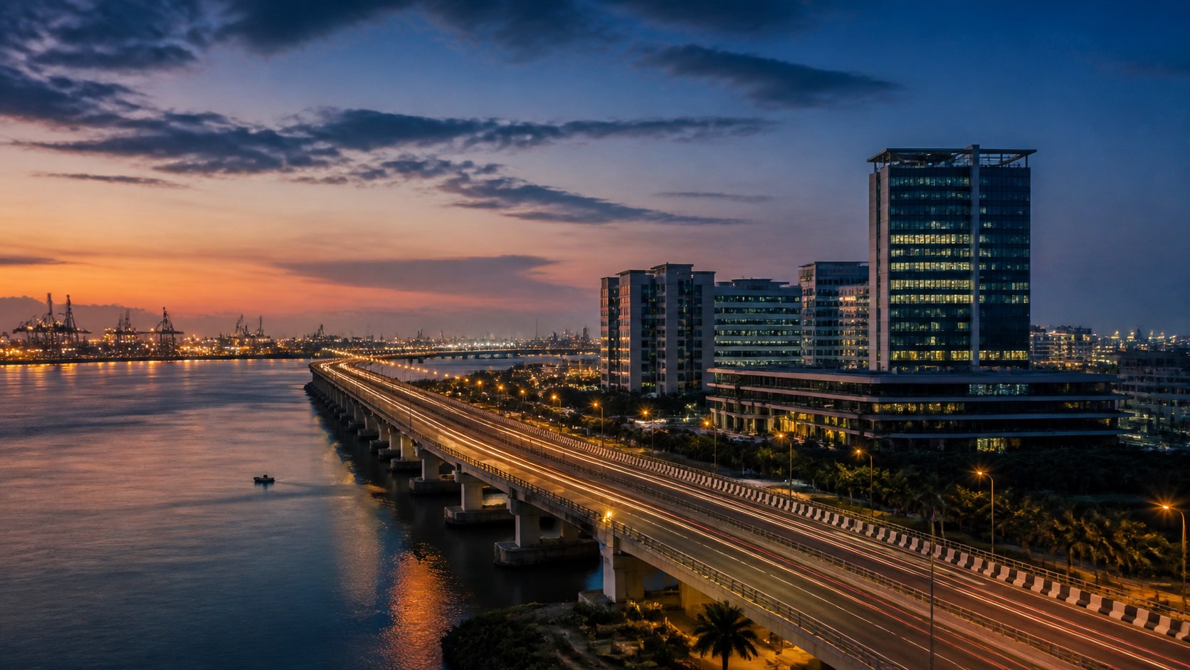 Lagos waterfront and infrastructure at dusk