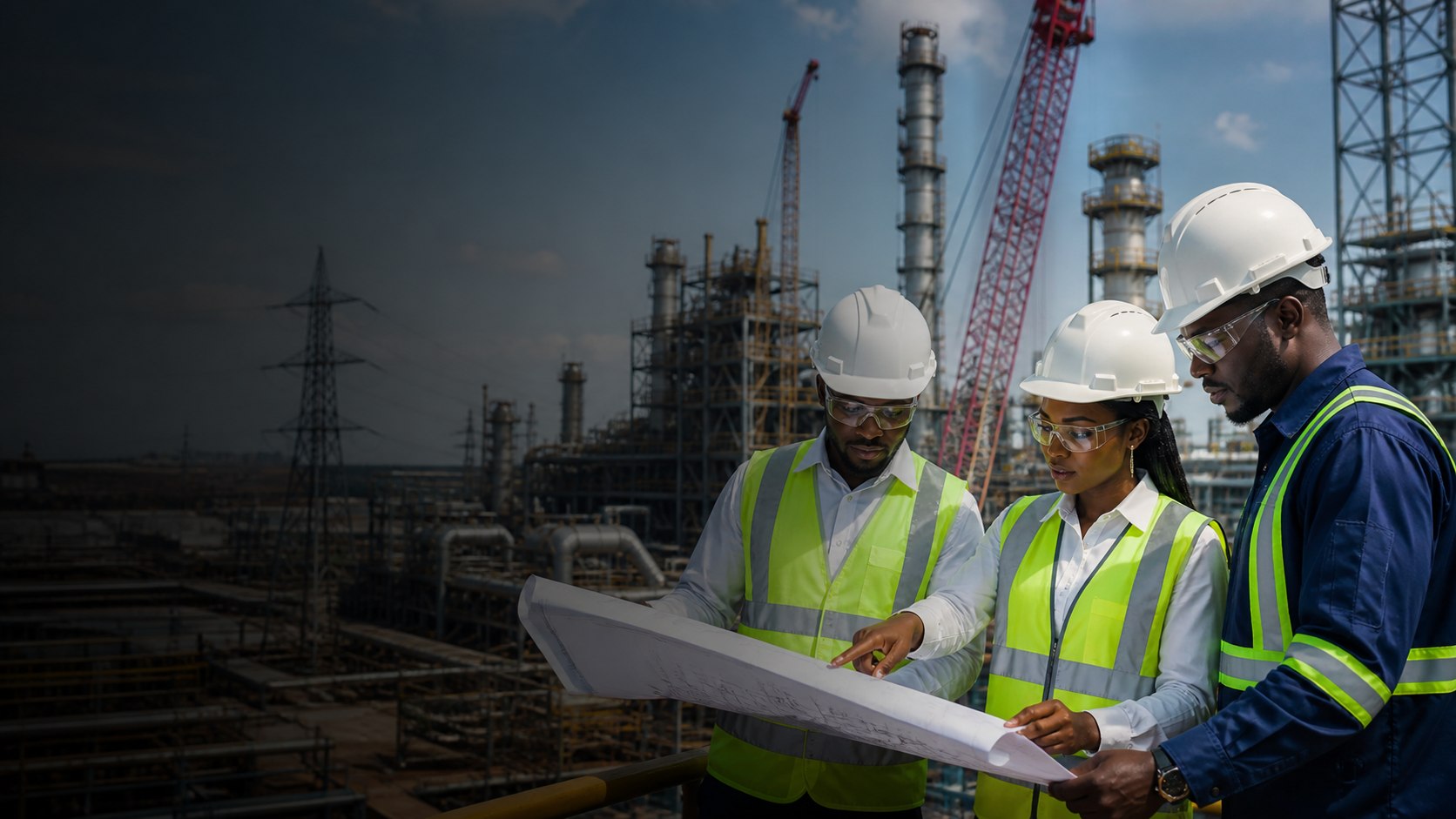 African engineers in PPE reviewing plans at an industrial facility