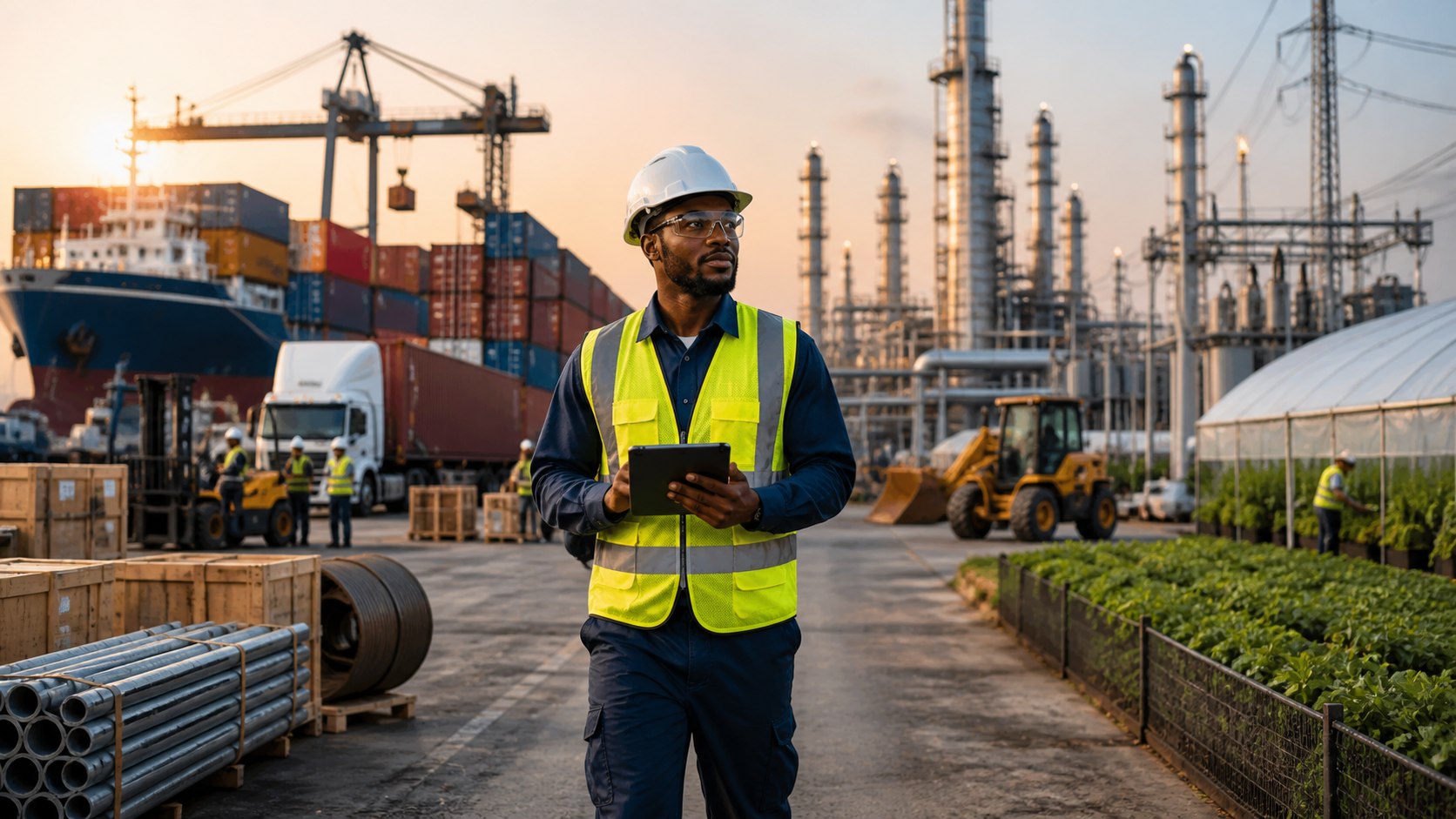 African technical professional in an integrated industrial, logistics and agricultural setting